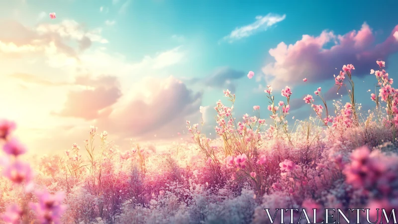 Sunlit wildflower meadow under pastel clouded sky.