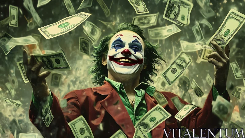 Laughing clown king revels in storm of falling dollar bills