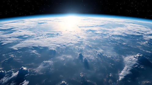 Low Earth orbit sunrise over cloud-layered ocean horizon