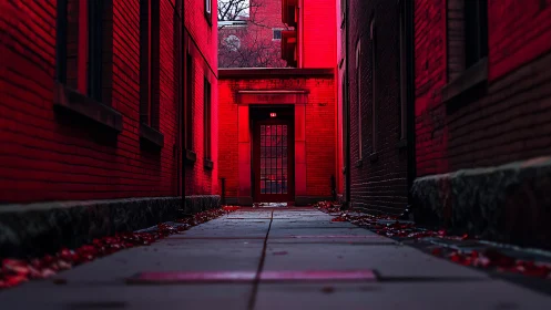 Low-angle urban alley corridor under saturated red illumination.