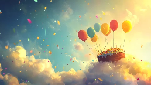 Enchanted Birthday Cake Ascending Through Clouds with Balloons.