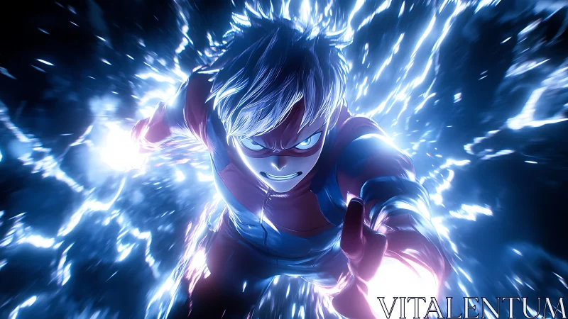 Electrified anime hero charges forward through blue energy.
