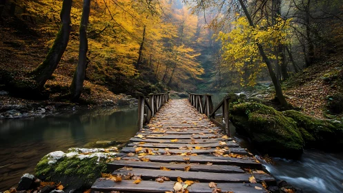Wooden plank bridge over misty autumn forest river gorge