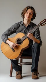 Young guitarist seated with classical acoustic guitar portrait.