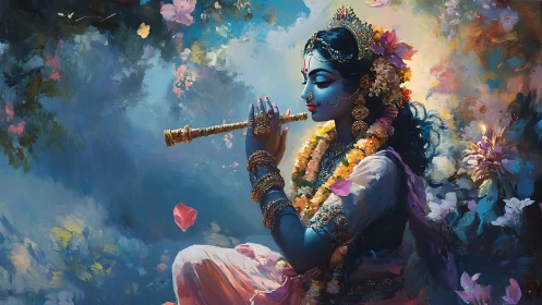 Divine blue-skinned flute player amid luminous floral bokeh
