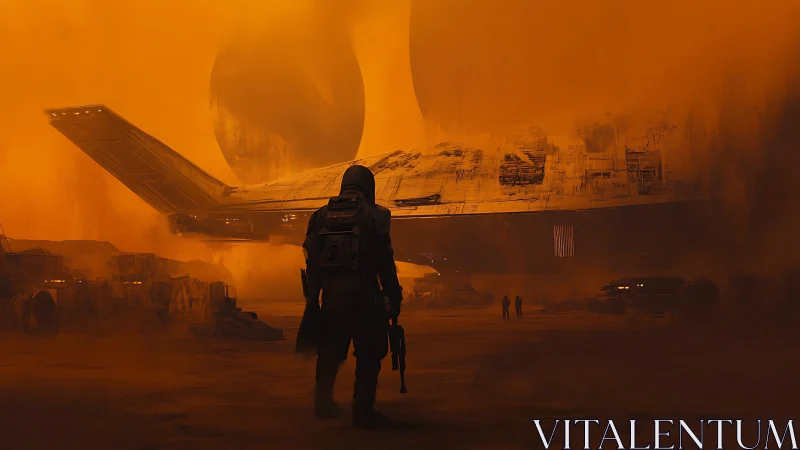 Dust-drenched wanderer strides toward a slumbering starship