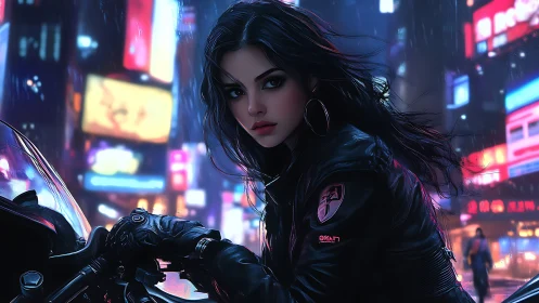 Woman on motorcycle in neon lit rainy city street at night.
