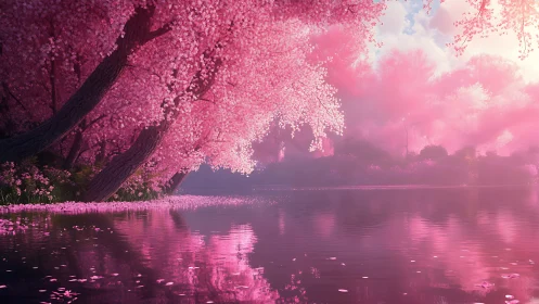 Pink cherry blossom trees leaning over calm reflective lake.