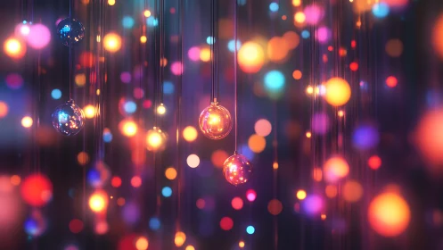 Suspended glass orbs amid soft multicolored bokeh lights.
