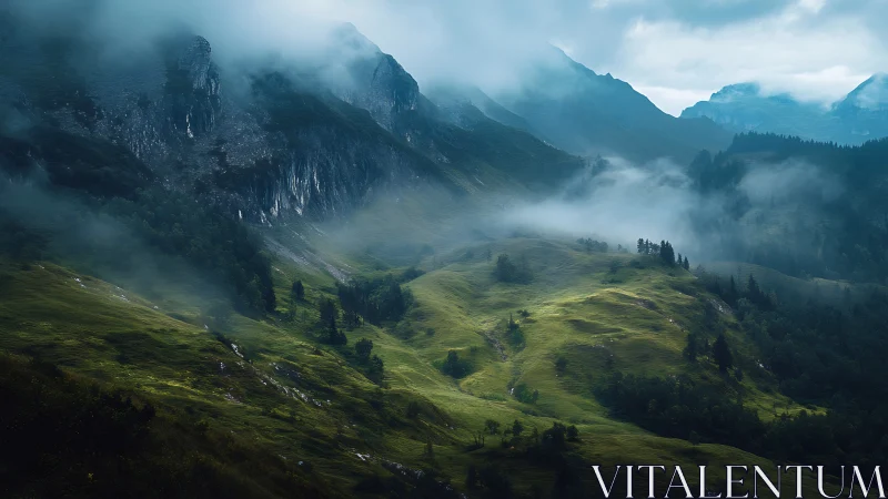 Mist-draped alpine valley under dramatic moody light.