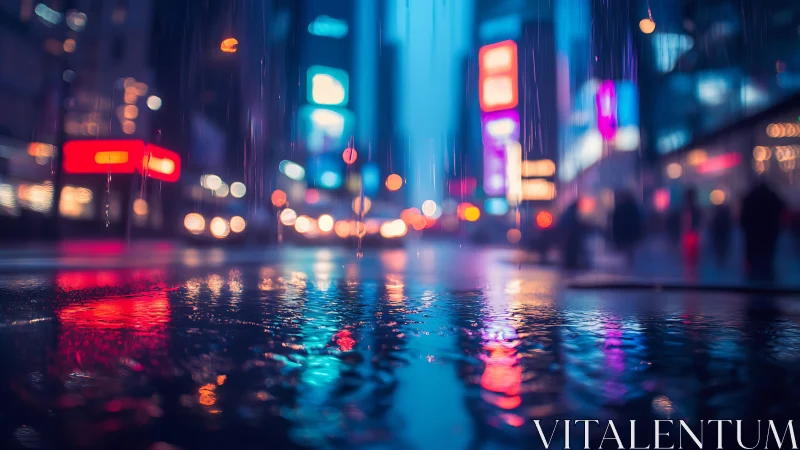 Neon reflections glow across a rainy city street at night.