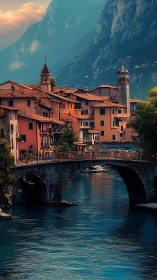 Sunlit Italian village hugs stone bridge and river gorge.