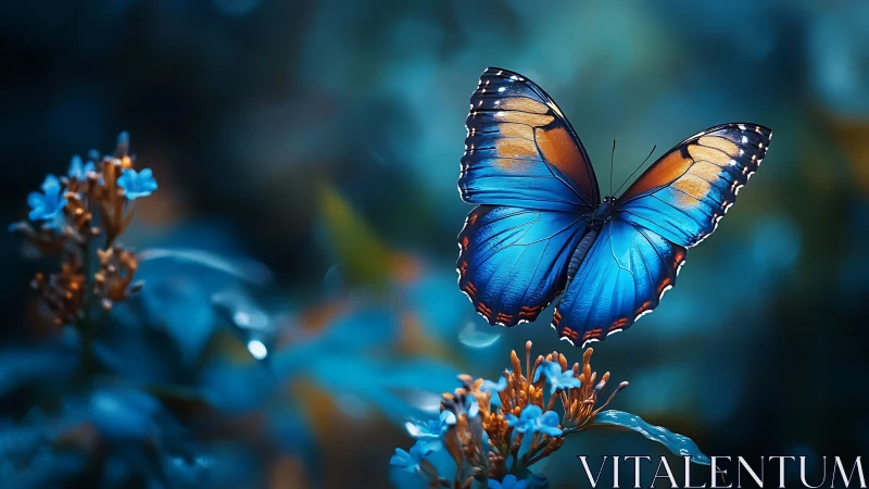 Iridescent blue butterfly poised over dusk-lit blossoms.