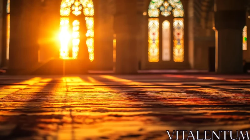 Photorealistic interior lightscape with stained glass glow.