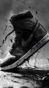Dynamic black sneaker splashes through dramatic liquid motion.