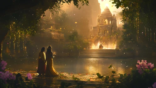 Riverside temple complex at dusk with robed figures present.