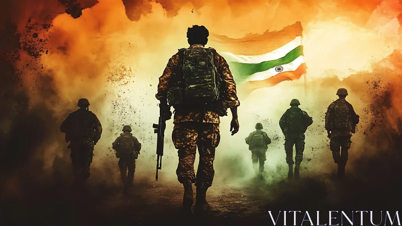 Backlit soldiers advance through smoke toward waving Indian flag