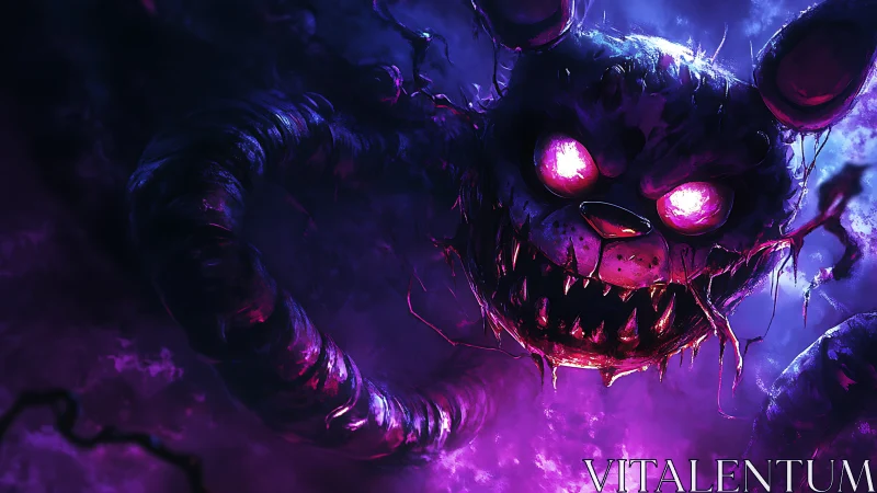 Neon void horror bear head with glowing eyes and tendrils