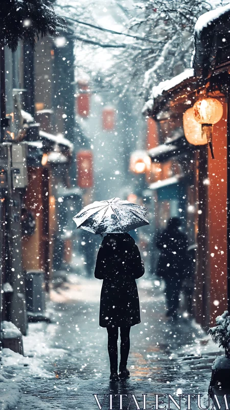 Solitary figure with umbrella crossing lantern lit snow lane.