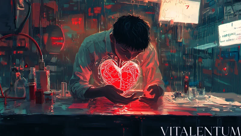 Midnight tinkerer cradling a fragile neon heart in rain.