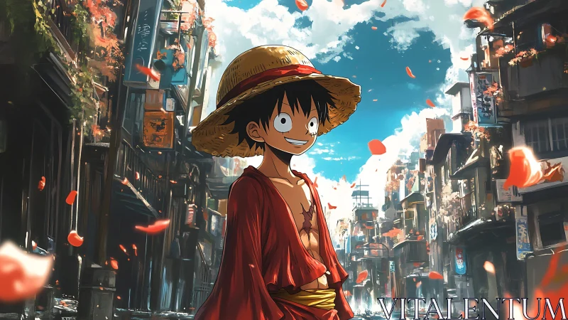 Straw-hatted anime youth in narrow urban street scene.