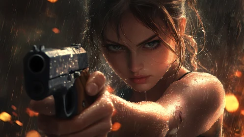 Storm-lit heroine holding her ground in the rain-soaked firelight.