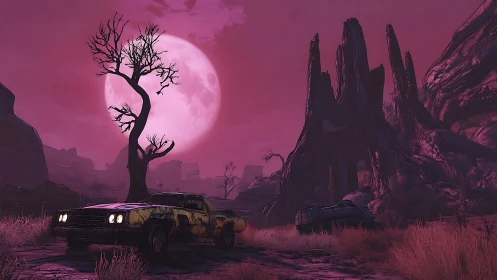 Desert roadscape with derelict cars under large full moon.