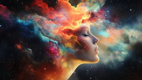 Dreamer’s glowing profile drifting through a painted cosmos.