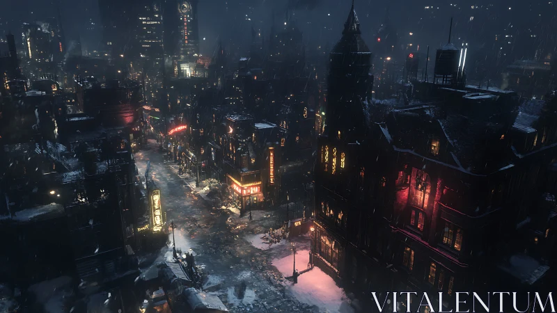 Snowy neon cityscape under moody cinematic night rain.