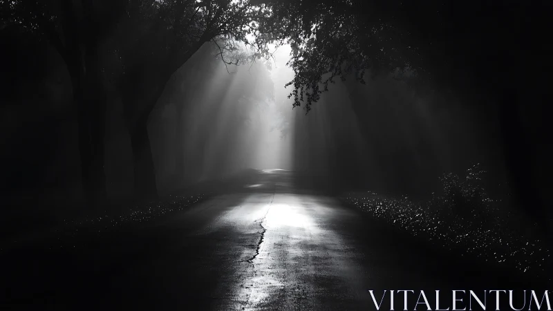 Quiet forest road glimmering under soft morning light.