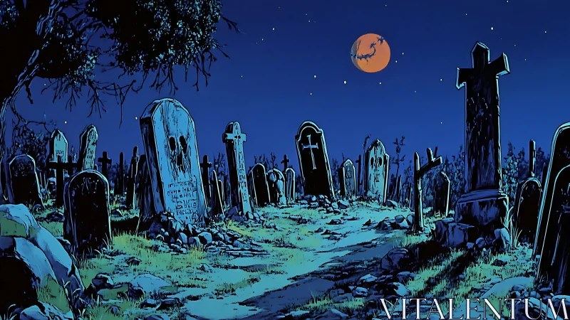 Nocturnal graveyard path under crimson harvest moon illustration.