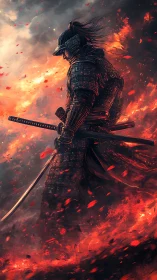 Samurai warrior strides through inferno with drawn katana.