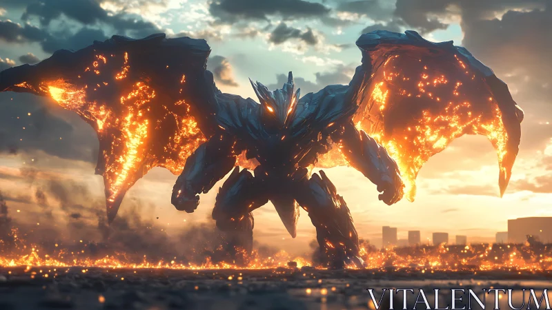 Molten winged mech titan storms blazing urban horizon.