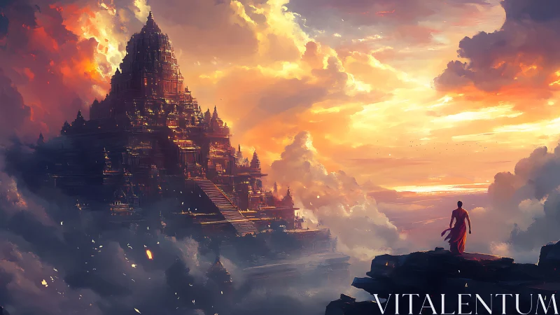 Monk overlooks luminous cloud temple at radiant sunset sky.