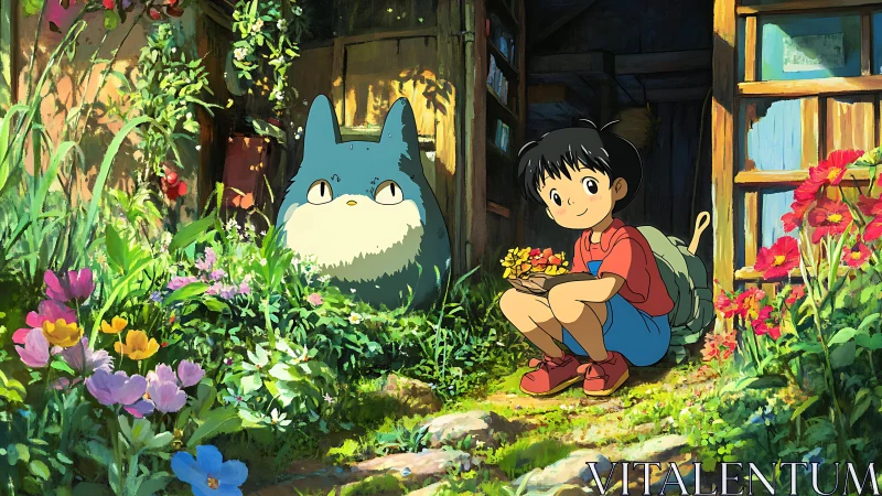 Child and forest spirit share sunlight in lush garden entry