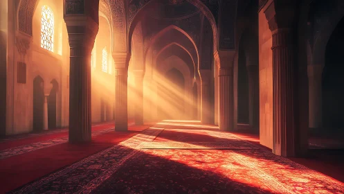 Sunlit mosque interior with Persian arches and red prayer carpet.