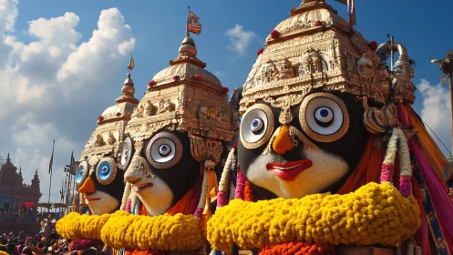Golden festival chariots carry vivid deity faces under blue skies