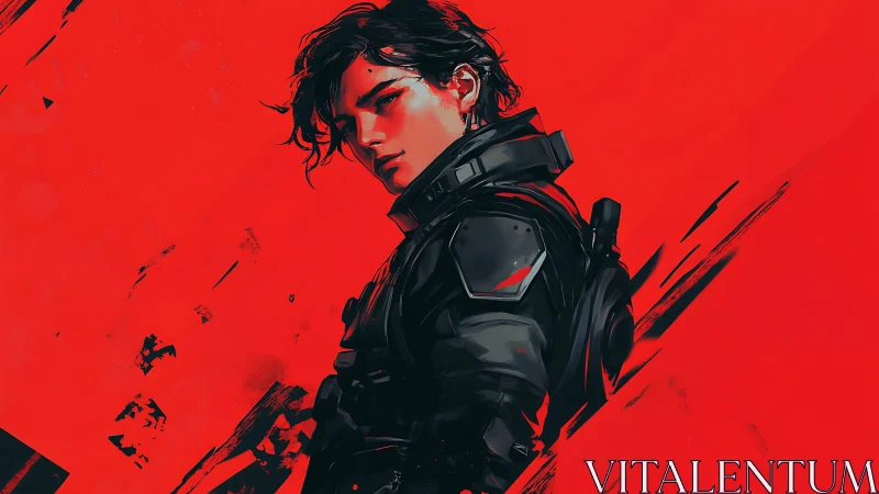 Armored figure in dark tactical gear against red field.