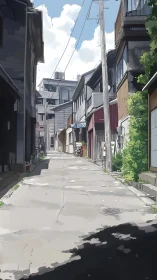 Narrow urban alley with low-rise buildings in daylight.