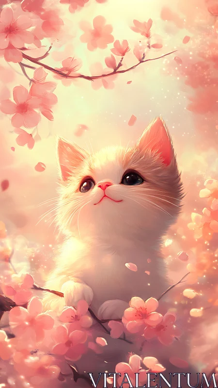 White Kitten Among Pink Cherry Blossoms.