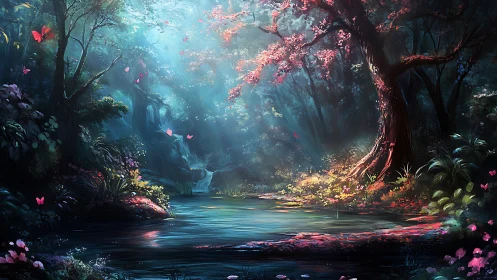Enchanted Forest River. Mystical woodland with glowing flora and water.