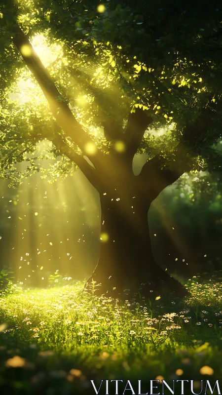 Sunlit guardian tree scattering golden forest whispers.