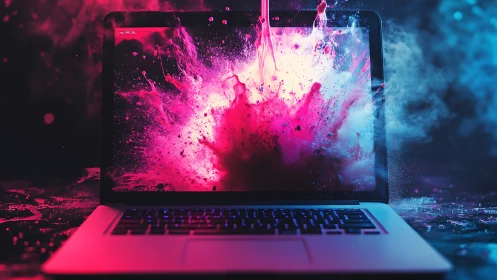 Open laptop with central pink and blue pigment burst.