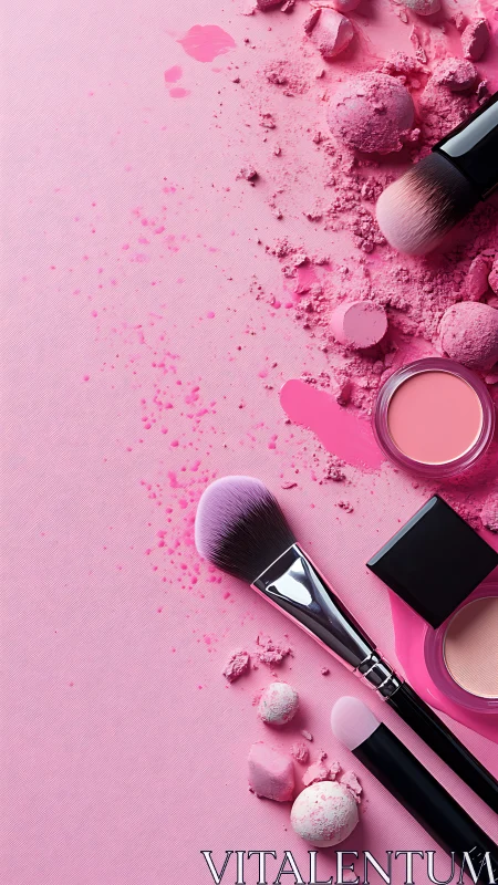 Pink makeup brushes and crushed powder capture beauty drama.