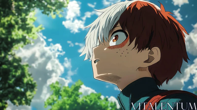 Bicolored-haired anime teen under volumetric summer sky.