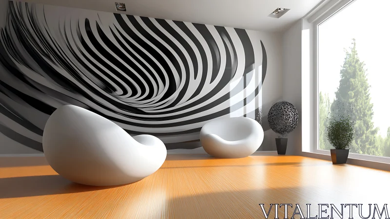 Modern lounge shows sculptural chairs before vortex mural