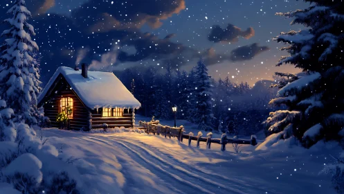 Snowy cabin at dusk with glowing windows and trees.