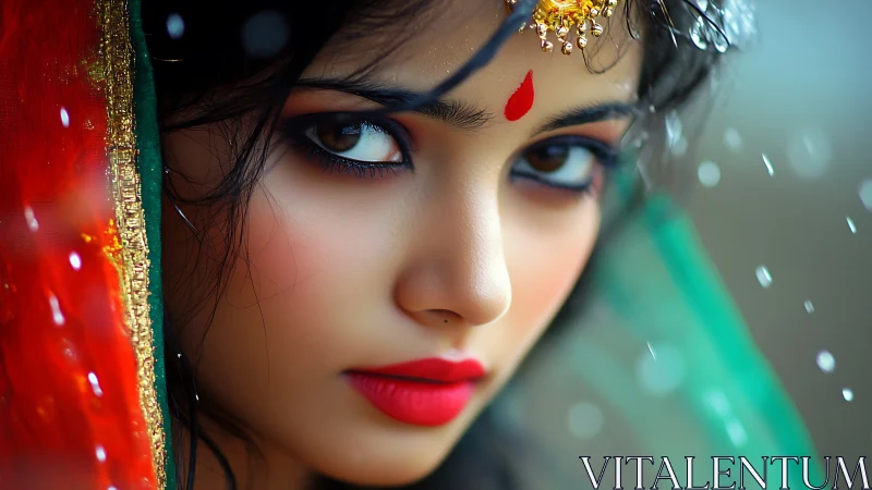 Intense bridal gaze with jeweled bindi and vivid dupatta detail.