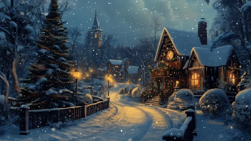 Nocturnal winter village with illuminated cottage architecture.