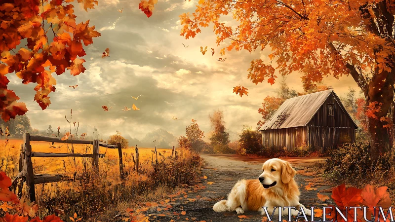 Golden retriever resting on rural autumn lane near timber barn
